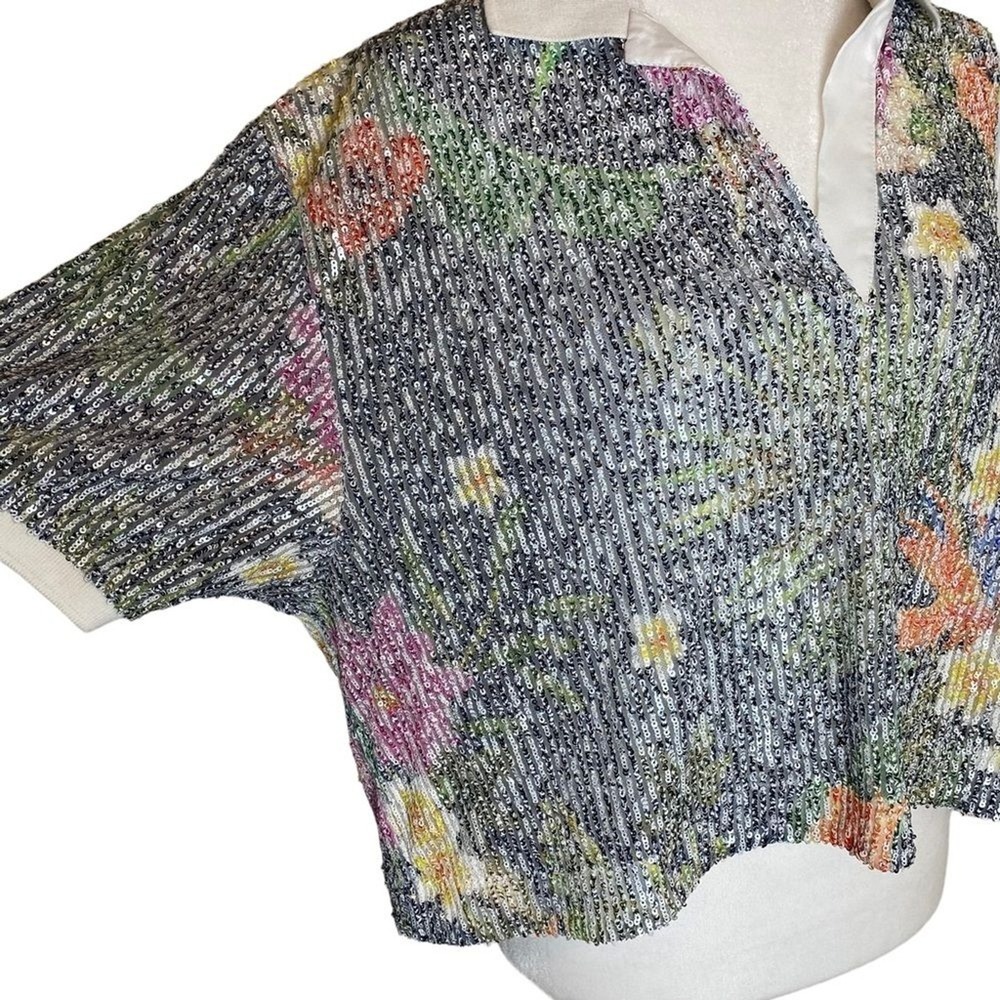 In The Mood For Love Sequin Floral Crop Top Linen Silk Boxy Collared L - Picture 9 of 16